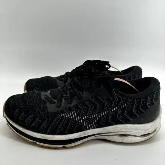 Mizuno Wave Rider 24 Running Shoes WaveKnit Lace Up Athletic Black Dark Shadow 9